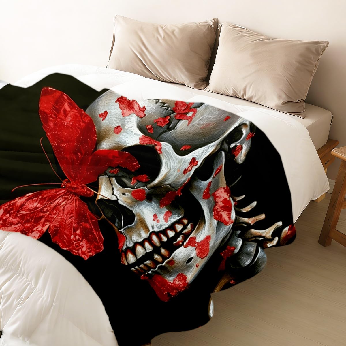 HUNXIAOJ Skull Butterfly Blanket Gifts Red Gothic Decor Butterfly Skeleton Throw Blanket Soft Flannel Skull Bedding for Couch Bed Living Room Home Halloween Decor 49"x59"