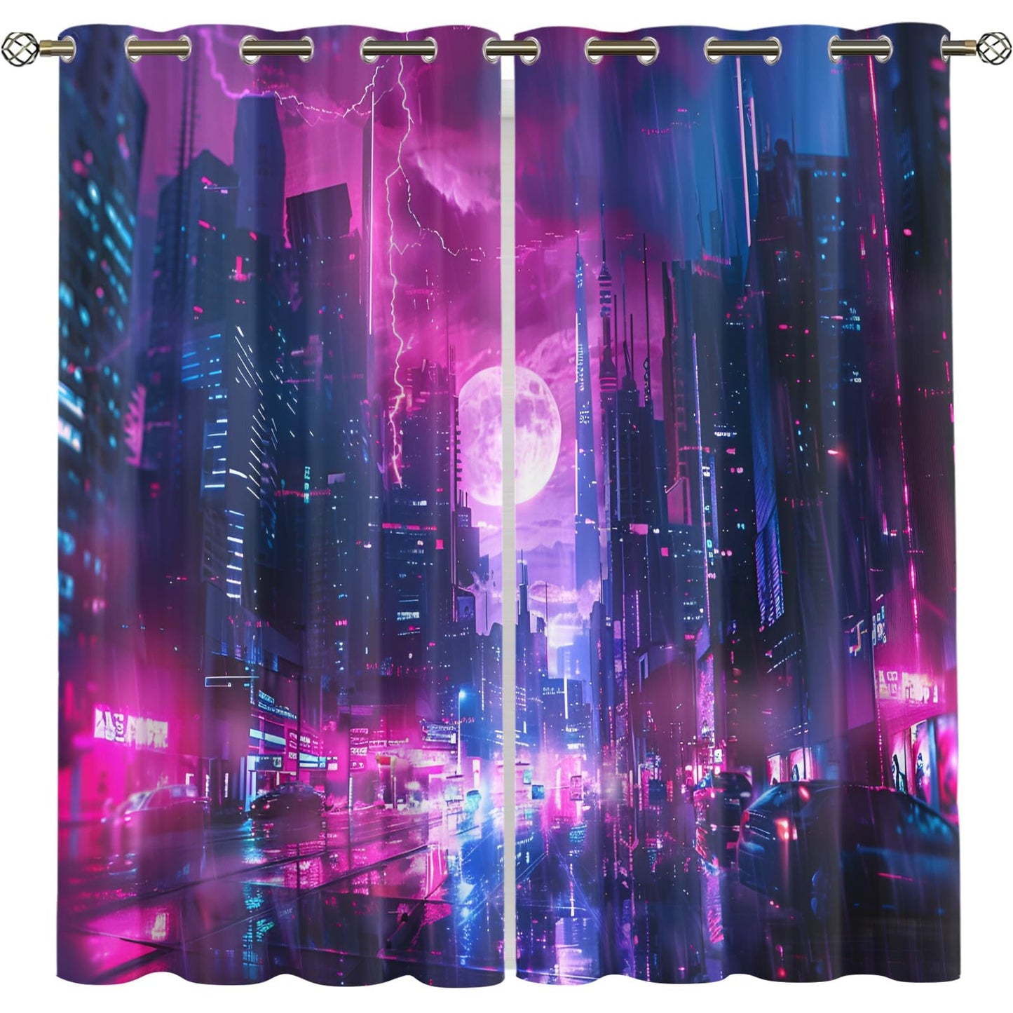 XAFIAUR City Neon Lights Blackout Curtains Sci-Fi City Print Curtain, Lightning Cyberpunk Drapes for Kids Bedroom Play Room 2 Panels Darkening Grommets Window Treatment 31.5" W x 63" L x2