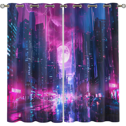 XAFIAUR City Neon Lights Blackout Curtains Sci-Fi City Print Curtain, Lightning Cyberpunk Drapes for Kids Bedroom Play Room 2 Panels Darkening Grommets Window Treatment 31.5" W x 63" L x2