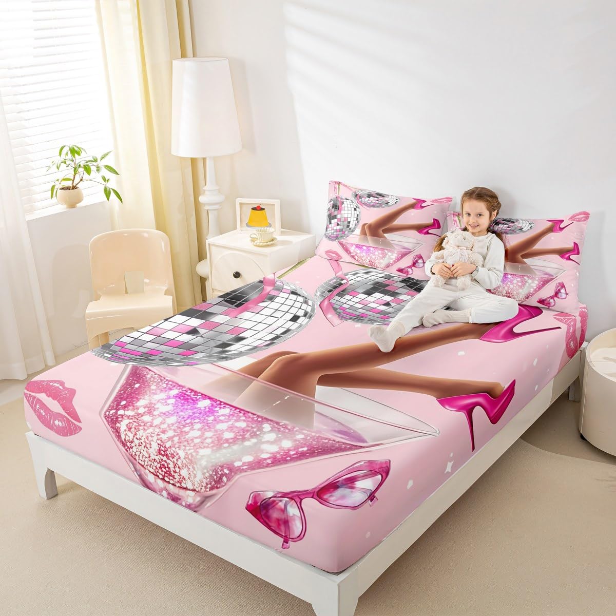 Erosebridal Pink Disco Ball Sheet Set King Size for Teens Girls Retro 70s Cherry Bow Preppy Bed Sheets Lips Modern Sheets Fantasy Fashion Coquette Aesthetic Bedding Set for Women