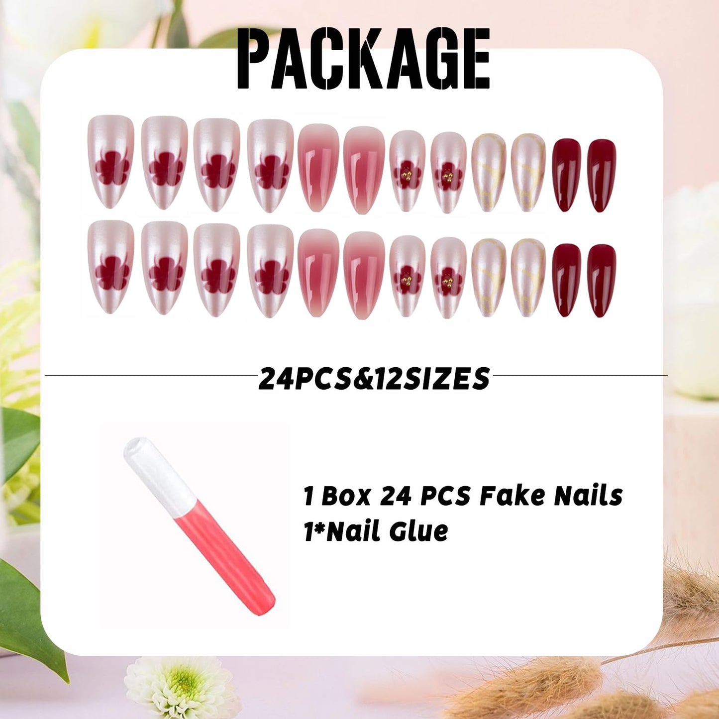 IMSOHOT Press on Nails Medium Almond, Chrome Silver Red Flower Fake Nails Glossy Acrylic French Tips False Nails Full Cover Glue on Nails