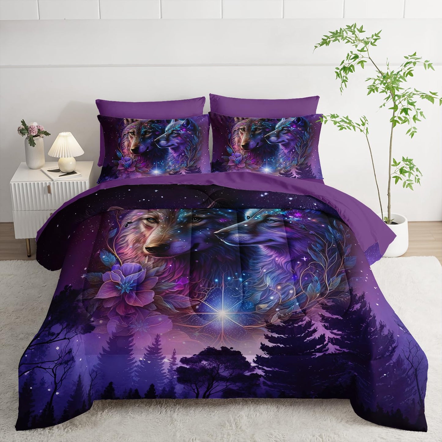 Tuzaovy Wolf Comforter Set 7 Piece Twin Size Bed in A Bag,Animal Bedding for Room Decor,Soft Purple Wolf Comforter Rose Bedding with Fitted Sheet,Flat Sheet, Pillowcases & Shams