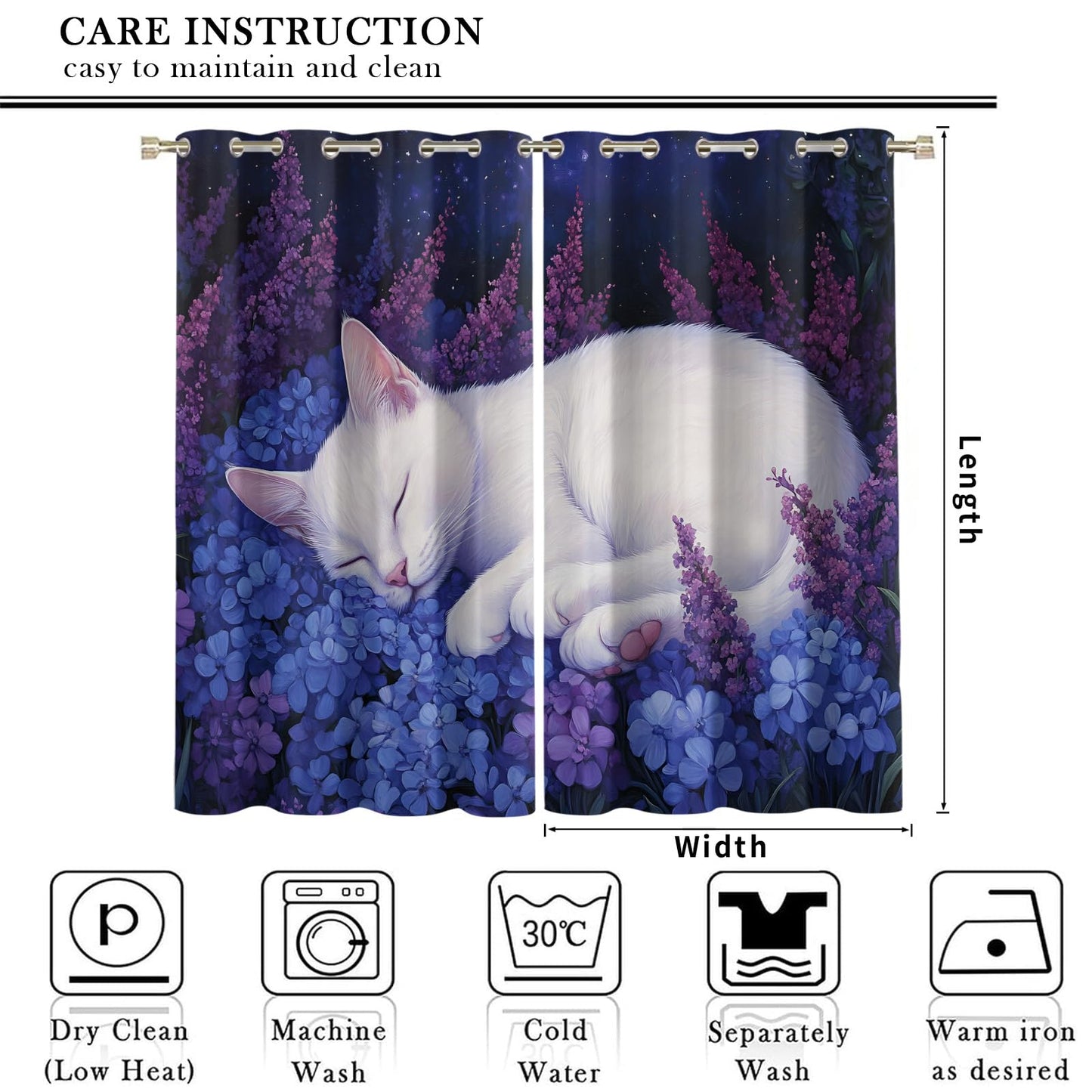 MPUTIE Cat Blackout Curtains 63 inch Length, Floral Cat Window Treatments for Bedroom, Grommet Curtains for Kitchen, Hydrangea Window Drapes, Animal Room Decor, 2 Panels