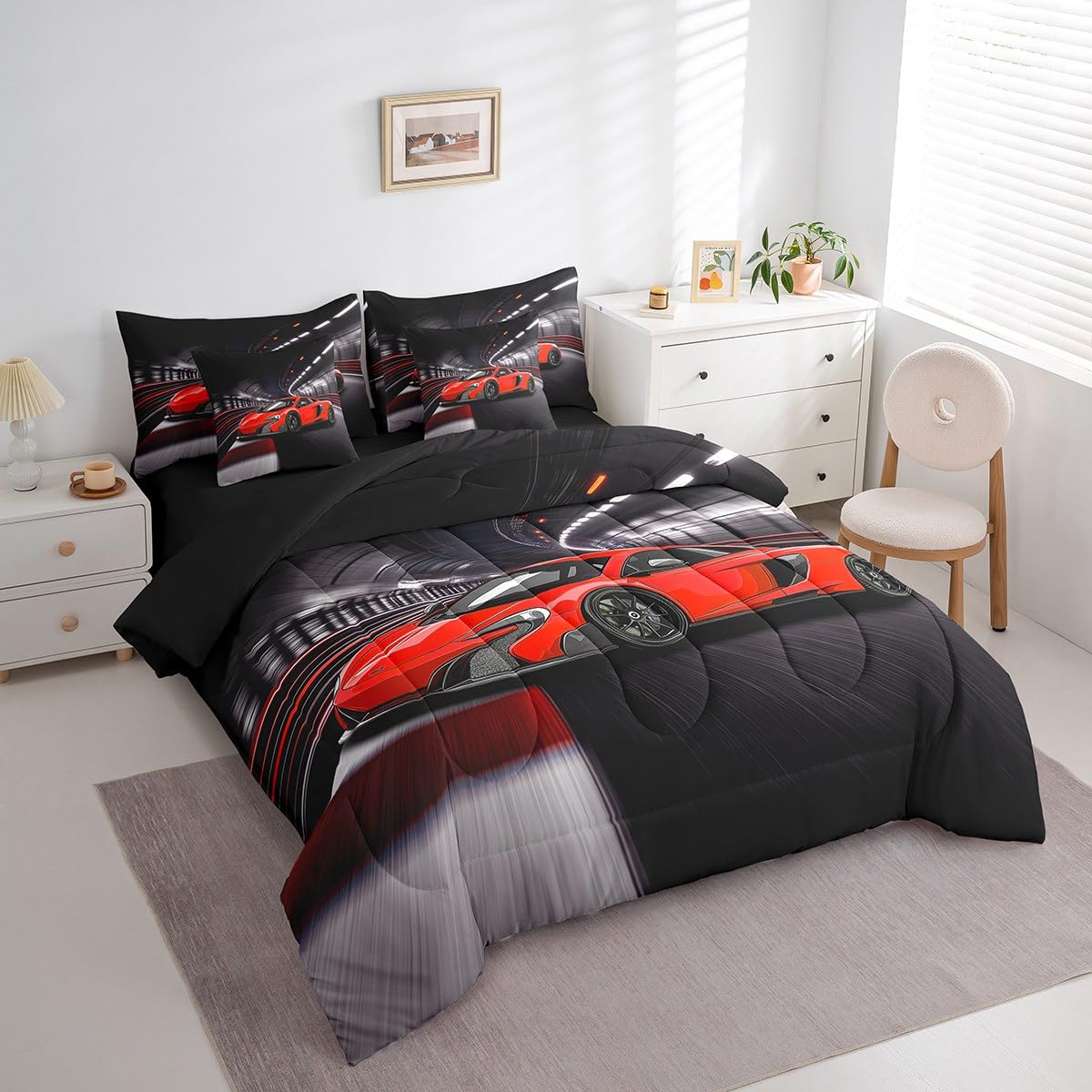 Speed Sports Car Bed Set Tunnel 7 Pieces Bedding Set for Kids Red Racing Car Bed in a Bag with Comforter, Sheets, Pillowcases Ultra Soft Extreme Sports All Season Breathable Lightweight Twin Size