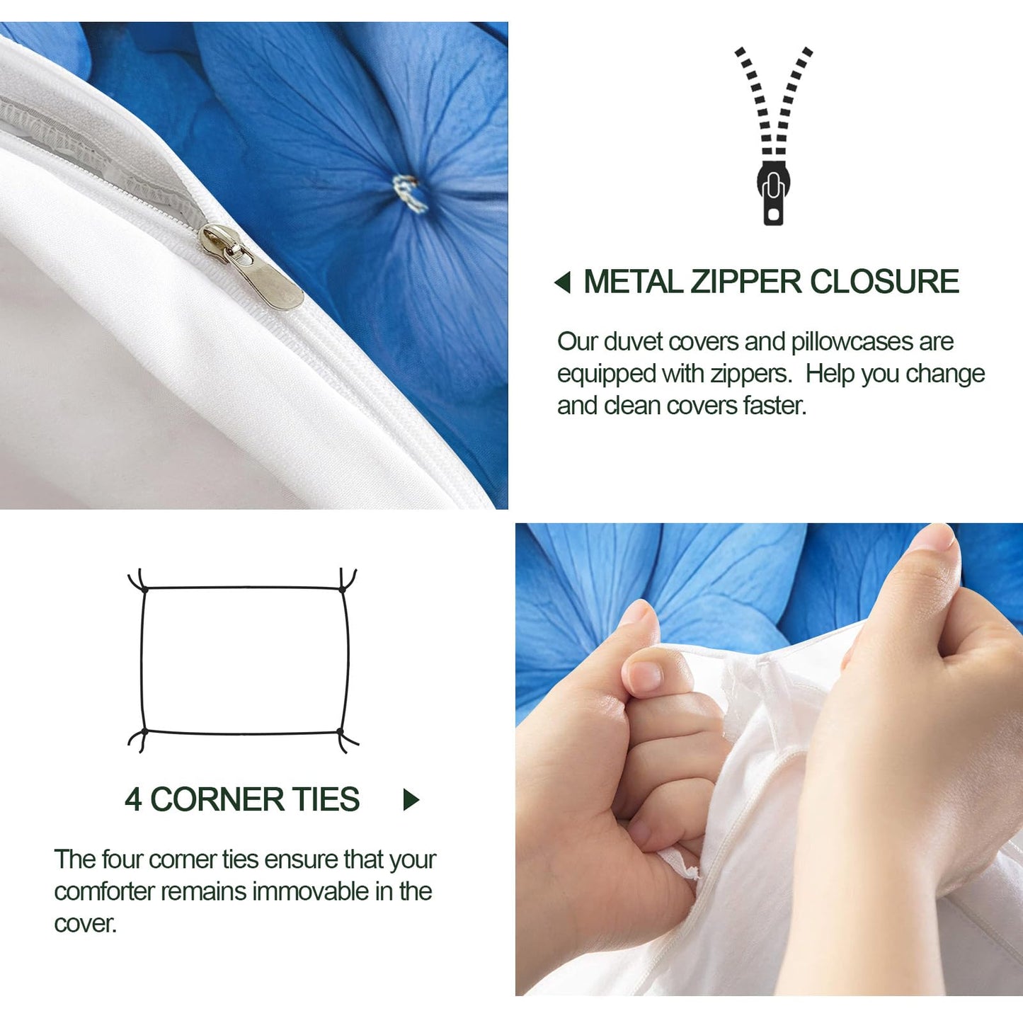GKPLY Blue Floral Duvet Cover Queen, Nordic Florals Bedding Set & Home Decor, Navy Blue Comforter Set, Zipper & Ties, Reversible Print Soft Microfiber Bedding Duvet Cover & 2 Pillow Cases,