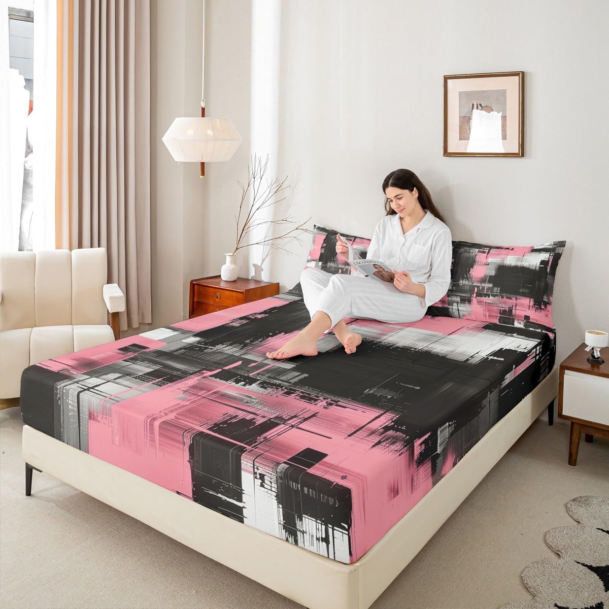 jejeloiu Abstract Fitted Sheet with 1 Pillowcase Twin Size Black Pink Bed Sheets Set 16" Deep Pocket Boys Girls Art Aesthetic Bedding Teens Bedroom Decor Breathable Soft