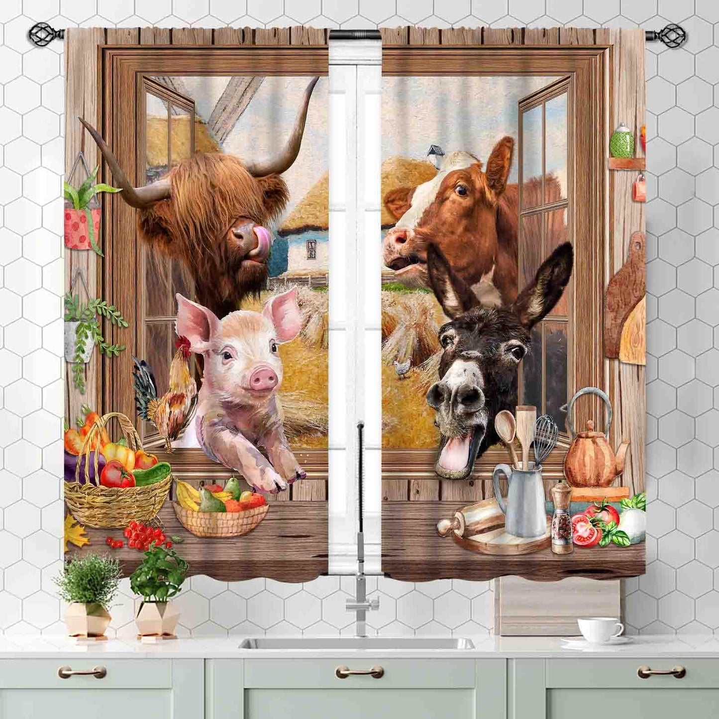Farmhouse Kitchen Curtains, Rustic Farm Animals Rooster Sheep Donkey Highland Cow Polk Pig Rural Village Country Autumn Fall Window Treatments Drapery for Bedroom Living Room Bathroom, 55x39 Inch