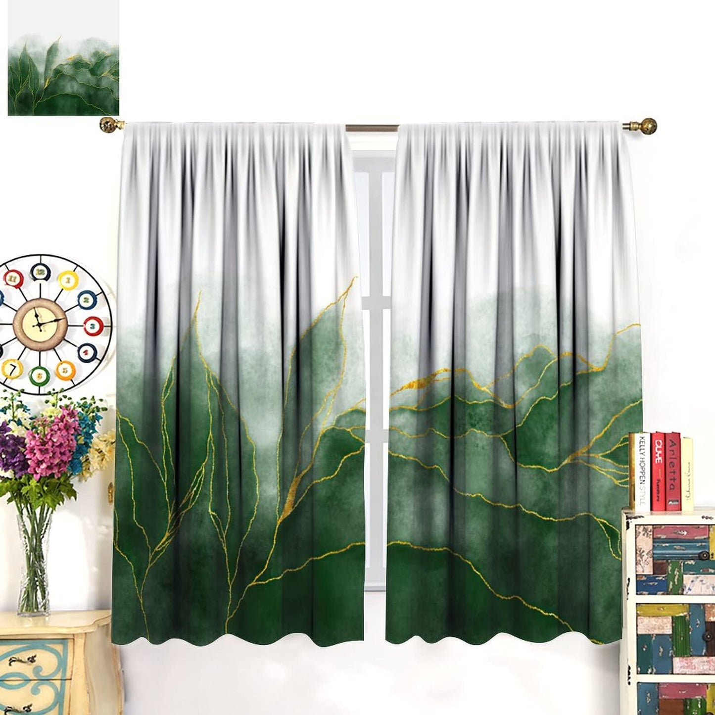 JESTRONRY Luxury Green Marble Print Curtains,Watercolor Style Texture Design Room Darkening Thermal Insulated Window Curtain Living Room Bedroom Bathroom Decor W42xL45in