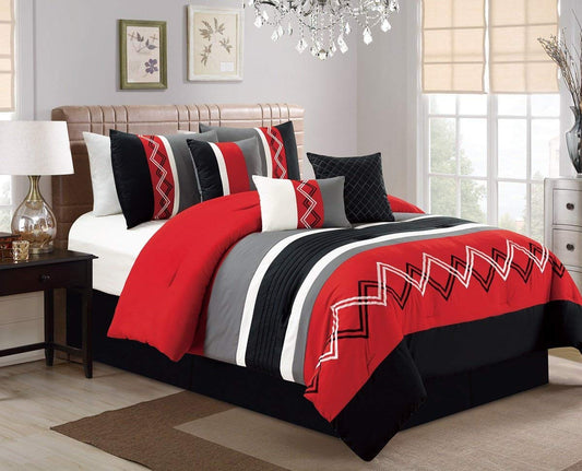 Chezmoi Collection Arden 7-Piece Modern Pleated Stripe Embroidered Zigzag Bedding Comforter Set (King, Red/Black/Gray/Off-White)