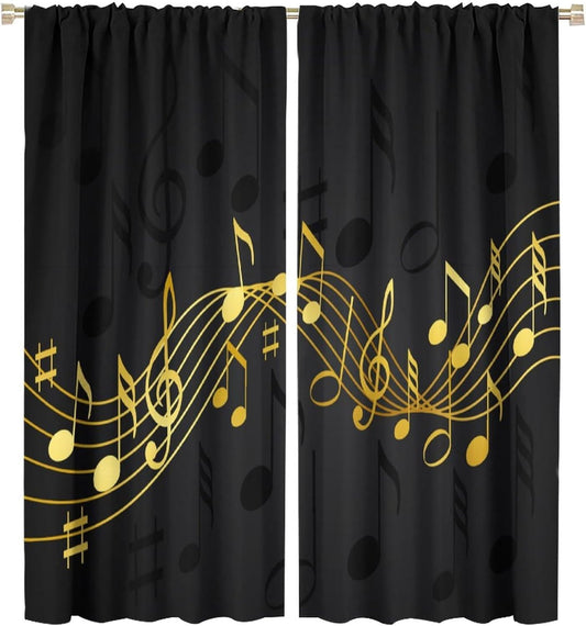 HZOHNAGO Music Curtains Black and Golden Music Notes Pattern Blackout Print Rod Pocket Window Drapes for Bedroom Living Room 42x45in