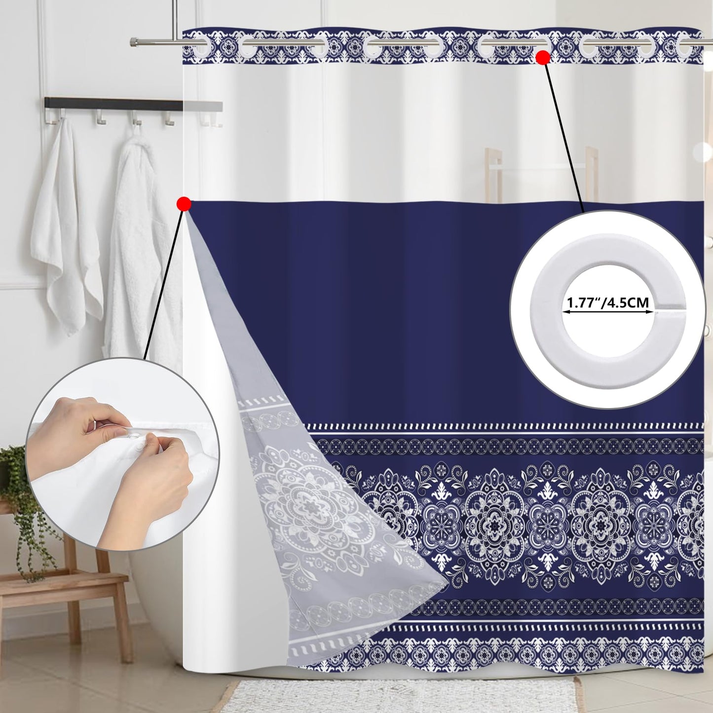 Baocicco No Hook Boho Pattern Shower Curtain Snap Liner Dark Blue Bohemian Striped Shower Curtains for Luxury Hotel Grade Spa-Like Bathroom Decor Minimalist Double-Layered Shower Curtain 71x74 Inch