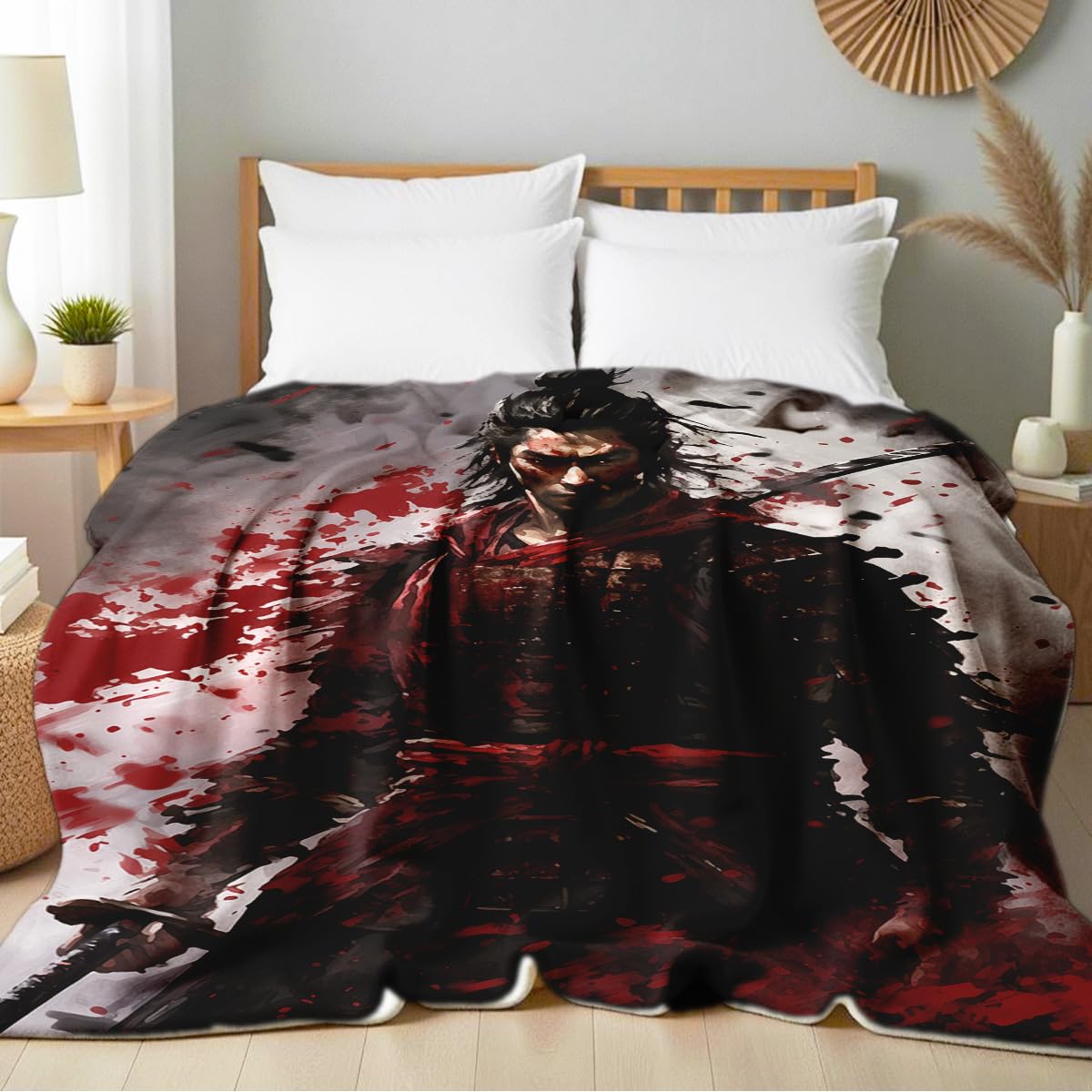 HUNXIAOJ Samurai Blanket and Throw Japanese Print Blanket Black and Red Armored Warrior Bushido Decor Flannel Japanese Theme Gifts for Boys Men Kids Adults (59"x78")