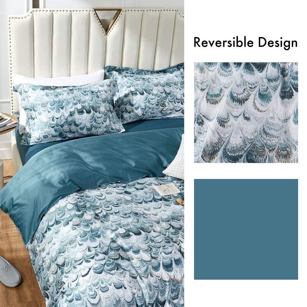 MILDLY 100% Long Staple Cotton Duvet Cover Set Queen Size, Aqua Blue Peacock Tail Plume Pattern Printed Comforter Cover Set