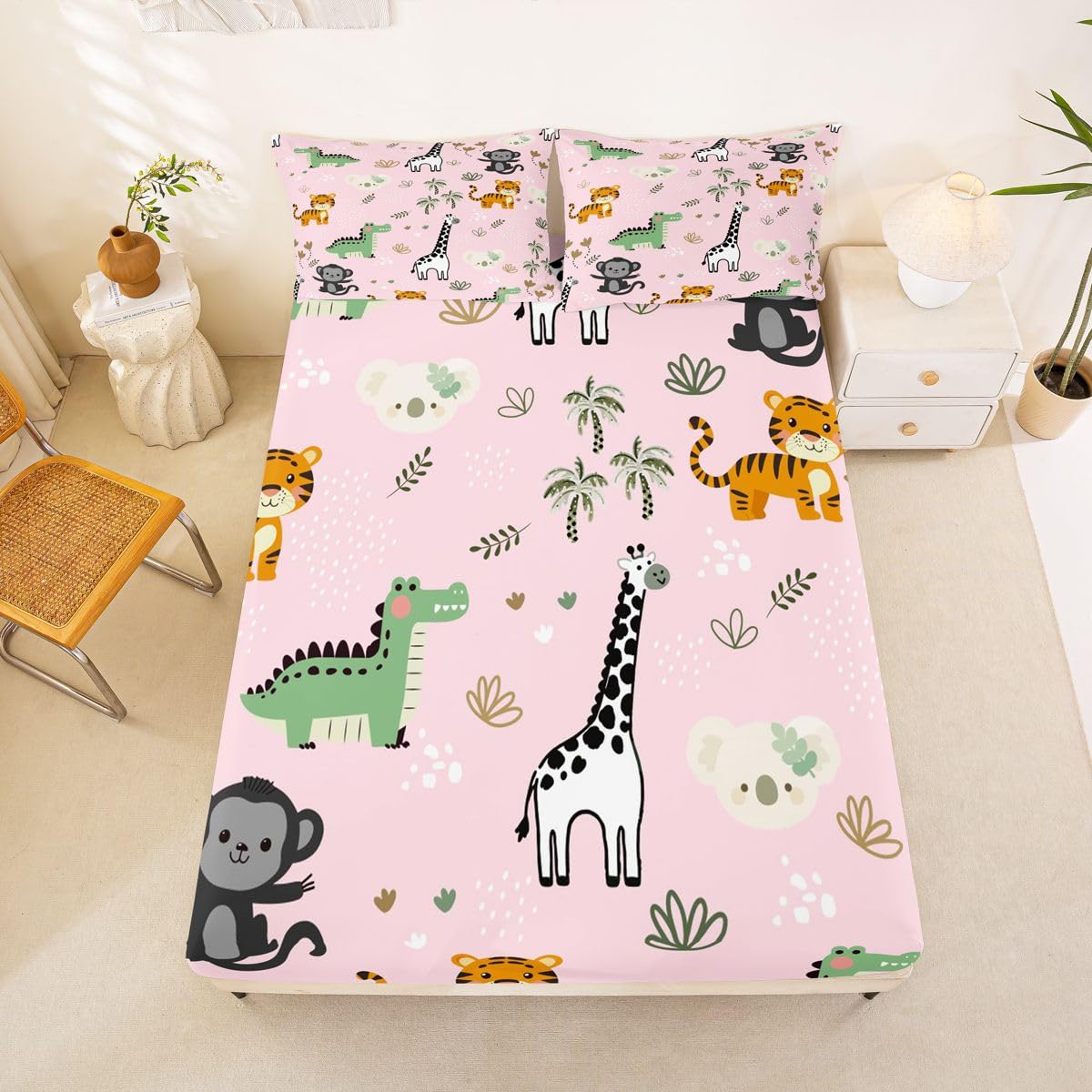 Erosebridal Jungle Animals Bed Sheets Full Cartoon Kawaii Sheet Set for Kids Boys Girls Monkey Giraffe Crocodile Tiger Sheets Hunting Wildlife Flat Fitted Sheet 3 Pcs