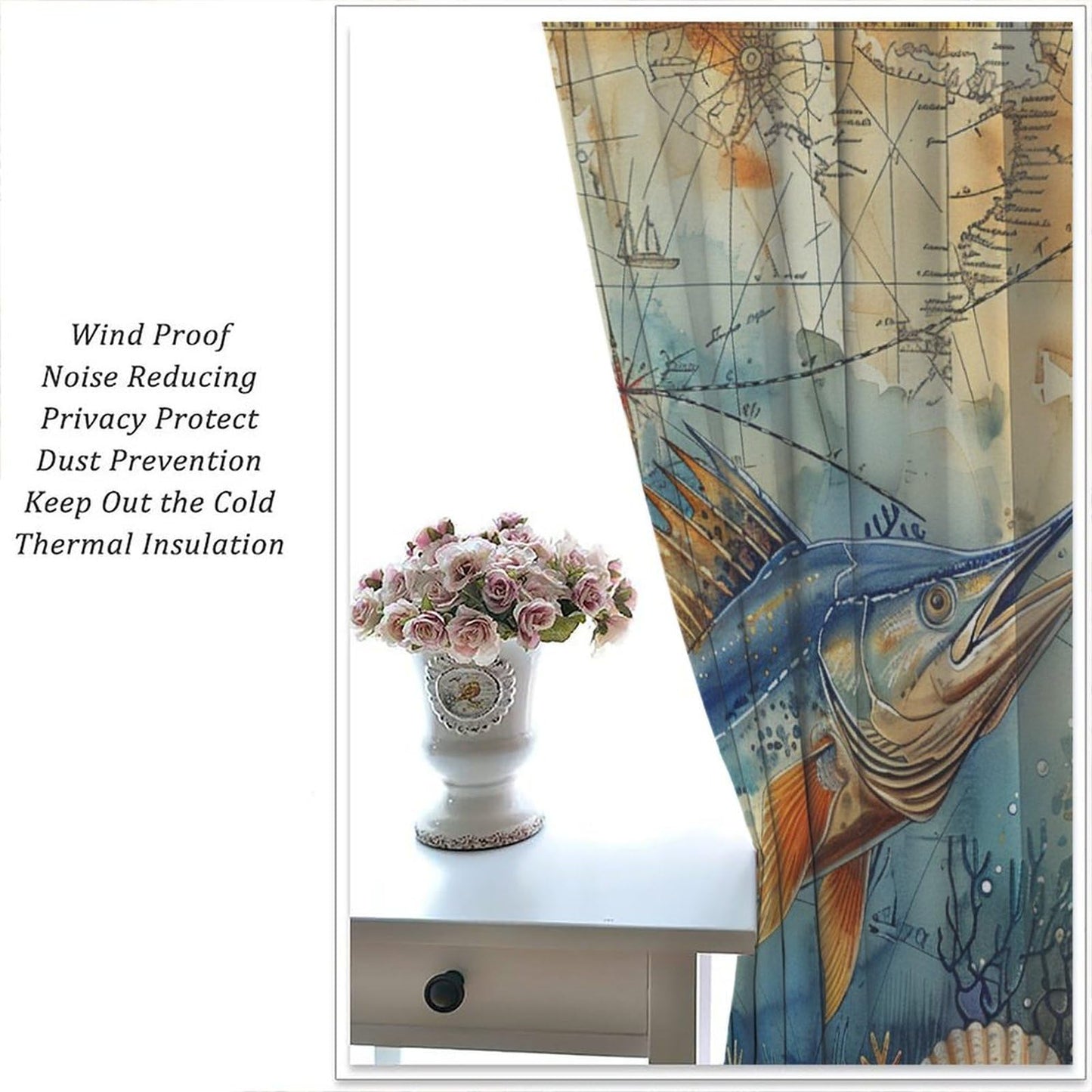 TOWINSFB Nautical Compass Marlin Fish Blackout Curtains, Old Medieval Ocean Map Coral Home Decor Rod Pocket Window Drapes for Living Room Bedroom - 2 Panels, Each 21" W x 63" L
