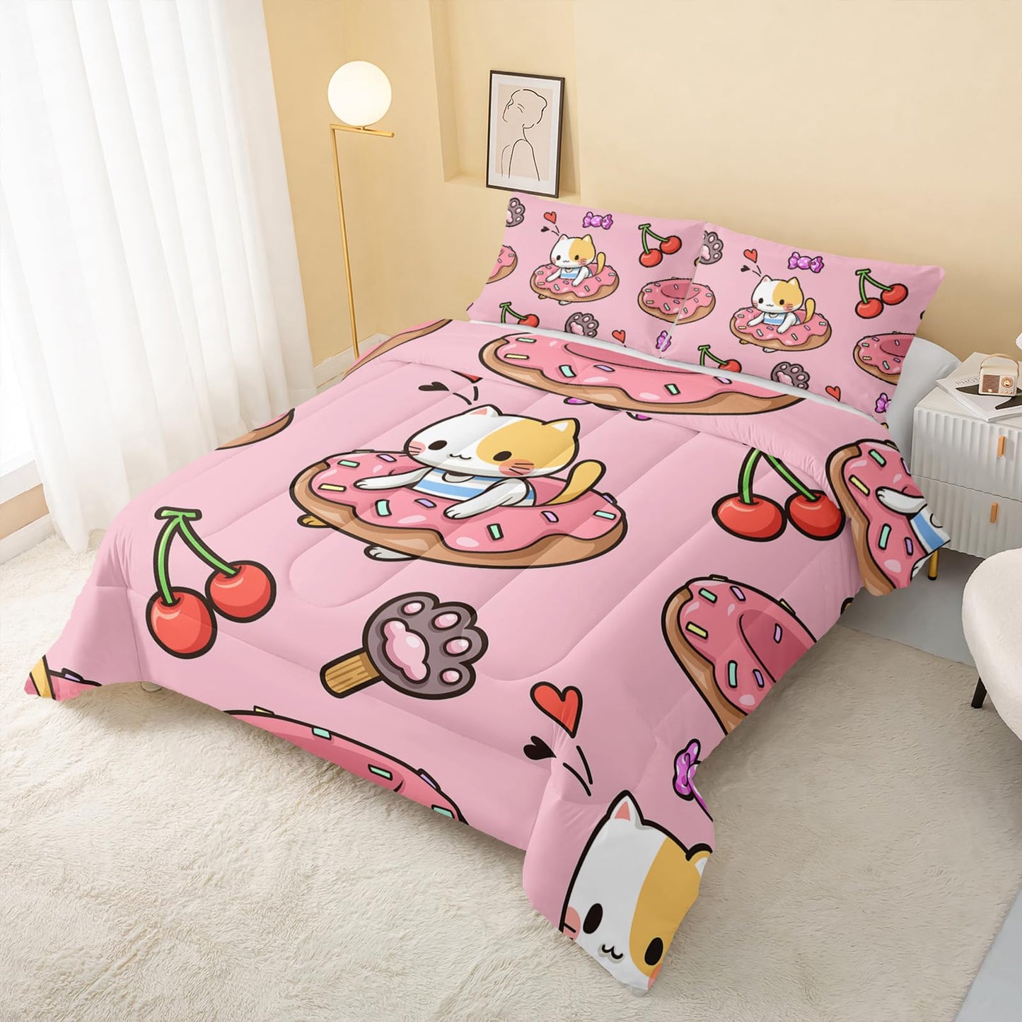 QOOMO Kawaii Cat Comforter Twin Size,Doughnut Cherry Cat Comforter Set for Kids Teens Girls,3Pcs Bedding Set Printed Comforter with 2 Pillowcases,Soft and Lightweight(Pink，Twin Size)