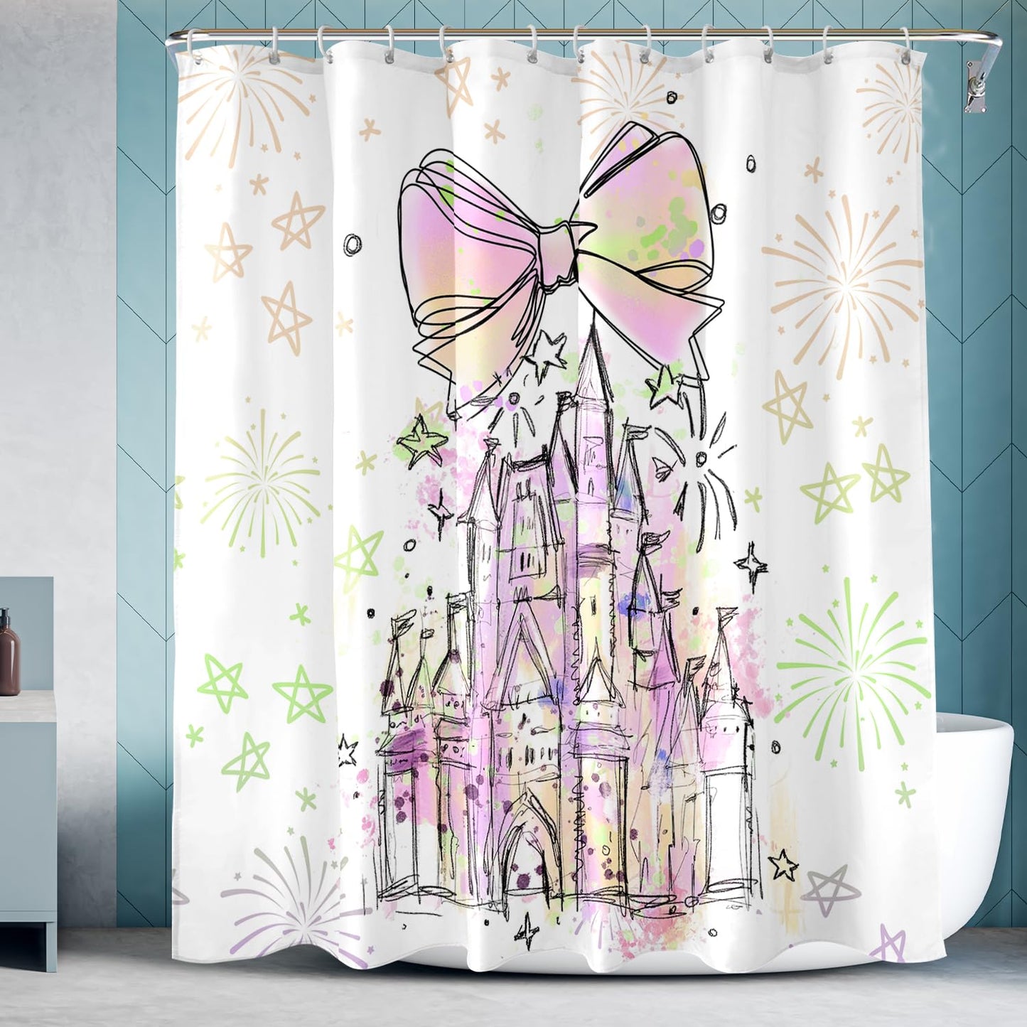 Vehcimbev Cartoon Castle Shower Curtain Fireworks and Bowknot for Girl Bathroom Decor Waterproof Curtain with Hooks for Bathrooms Shower Fabric Showers Curtains Set 72x72Inch