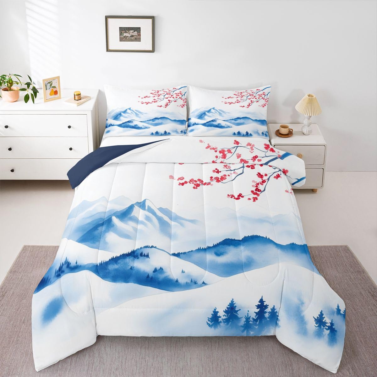 jejeloiu Japanese Wave Bedding Set Soft for Boys Girls, Cherry Blossom Comforter Set Queen Size Mountain Duvet Quilt Microfiber Japanese Style Bedroom Decor 3 Pcs with 2 Pillow Cases