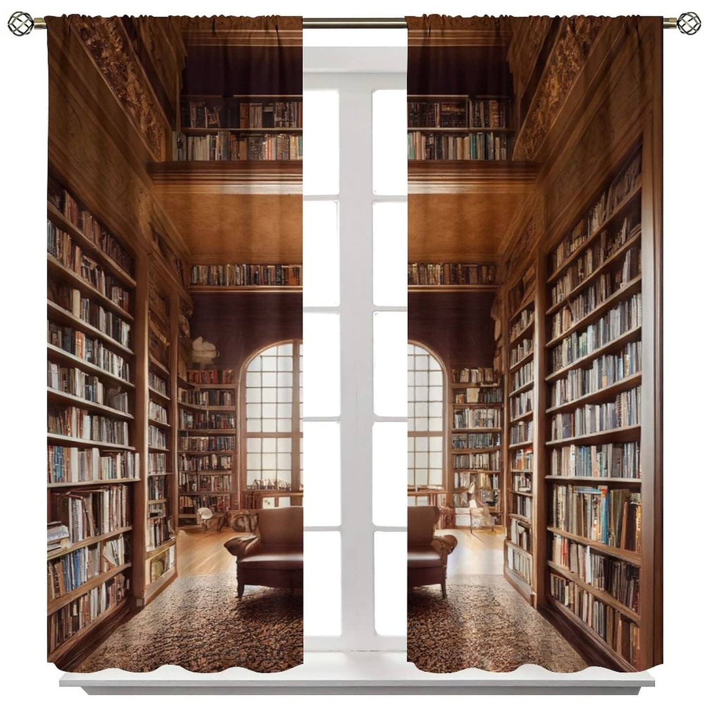 Bookshelf Curtains, Vintage Library with Books Window Treatments for Kids Bedroom, Wooden Wooden Antique Bookcase Drapes 2 Panel Sets,42x45 Inch