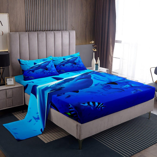Erosebridal Shark Sheet Set Blue Ocean Bed Sheets Watercolor Fish Top Sheet Nautical Sea Animal Fitted Sheet, Coastal Creature Marine Life Underwater World Decoration Bedding Set
