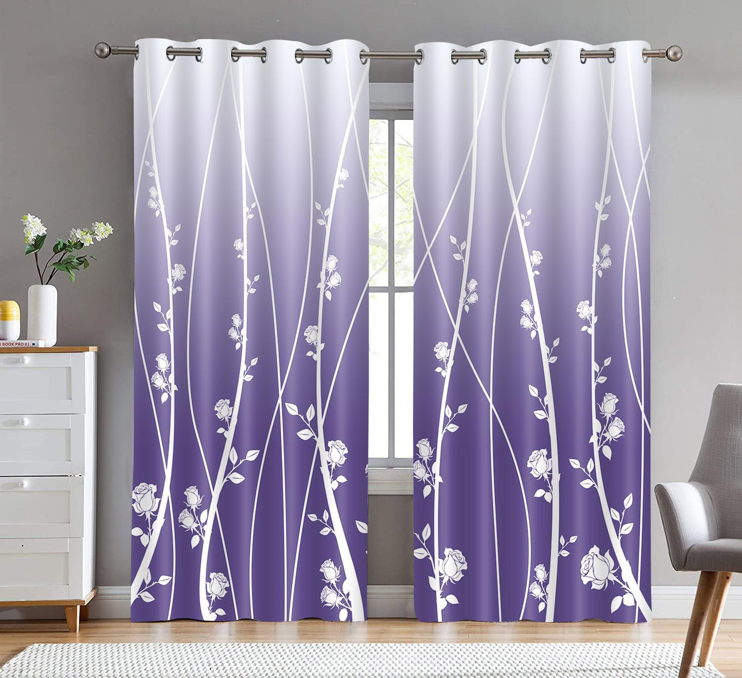 Gradient Flower Curtain Modern Simple Stripe Pattern Printed Curtains for Living Room Bedroom 2 Panel Set 52x84 Inches（Purple） CLLSMN318