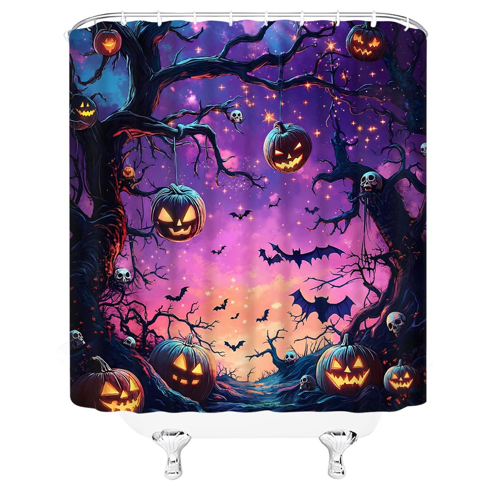 YSSFAV Purple Halloween Shower Curtain Spooky Pumpkin Fantasy Starry Sky Scary Night Bats Black Tree Horror Skull Gothic Bathroom Decor Curtains Set with Hooks, 70" W x 70" H