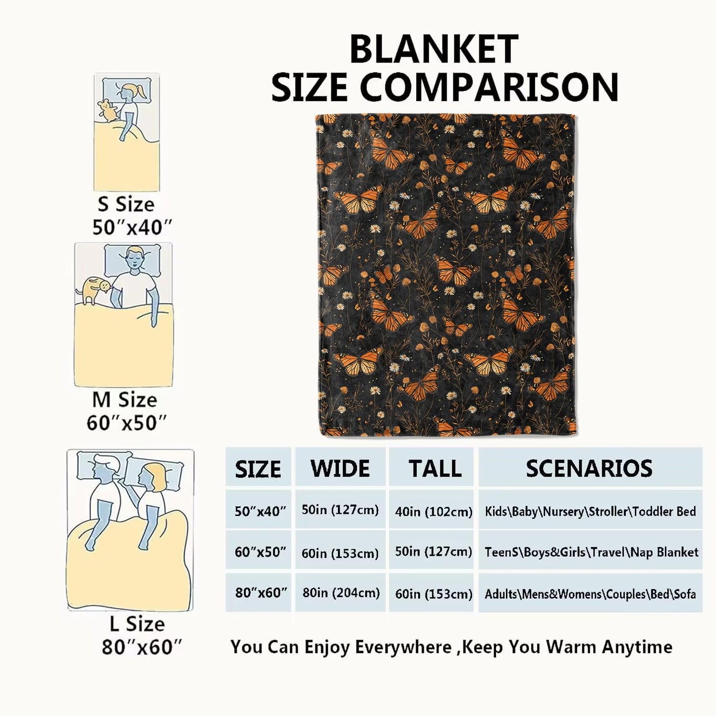 VODRM Butterfly Garden Blanket Floral Black Throw Blankets Gifts for Girls Women Adults Lightweight Soft Fleece Cozy for Sofa Couch Bed Room Travel Birthday Party Decor 50x60in