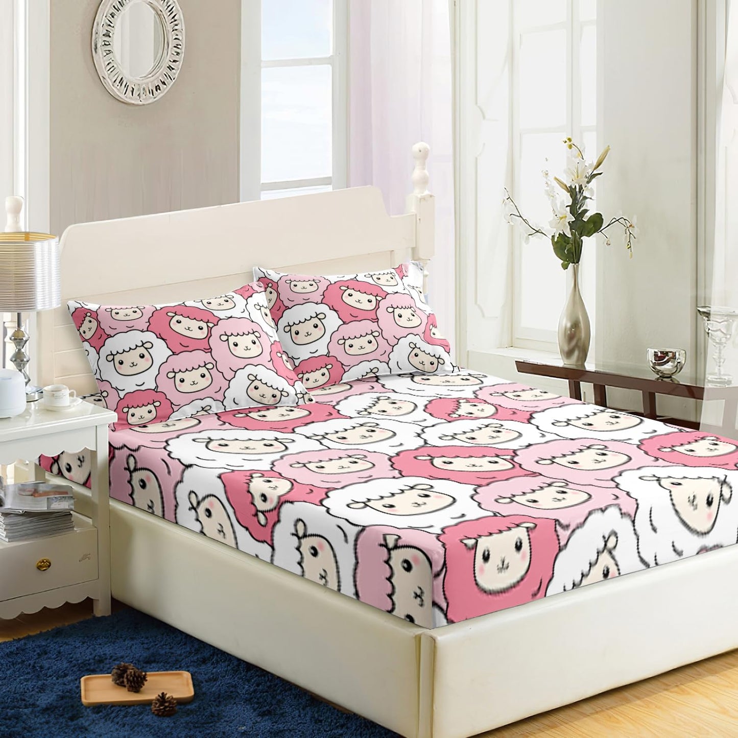 AILONEN Sheep Fitted Sheet Set Twin Size, Cute Sheep Cartoon Animal Bed Sheet Set,Pink White Kawaii Girls Sheet Set 3 Pieces, 1 Fitted Sheet and 2 Pillowcases