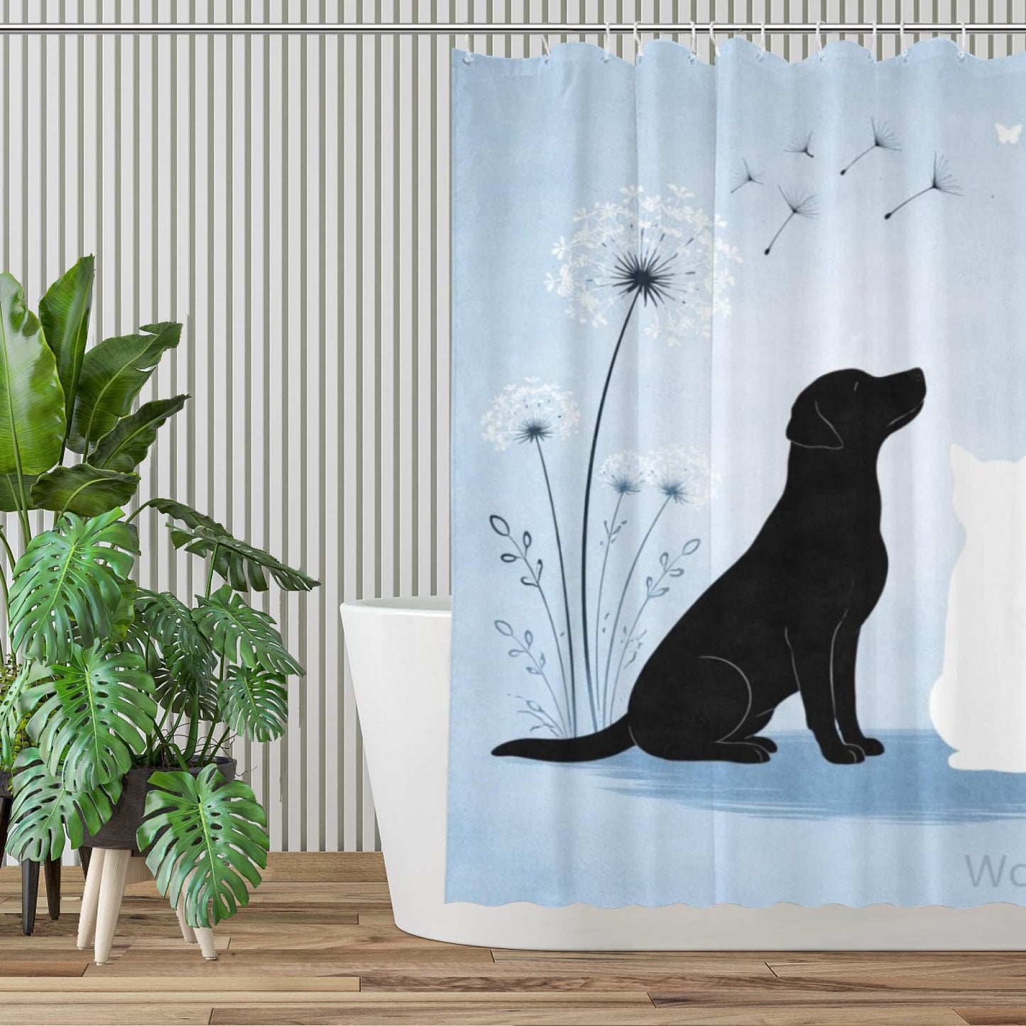 Wordatu Cat & Black Labrador Dog Bathtub Bath Curtain Cute Pet Animal Bathroom Waterproof Shower Curtain 72x72 with 12 Hooks