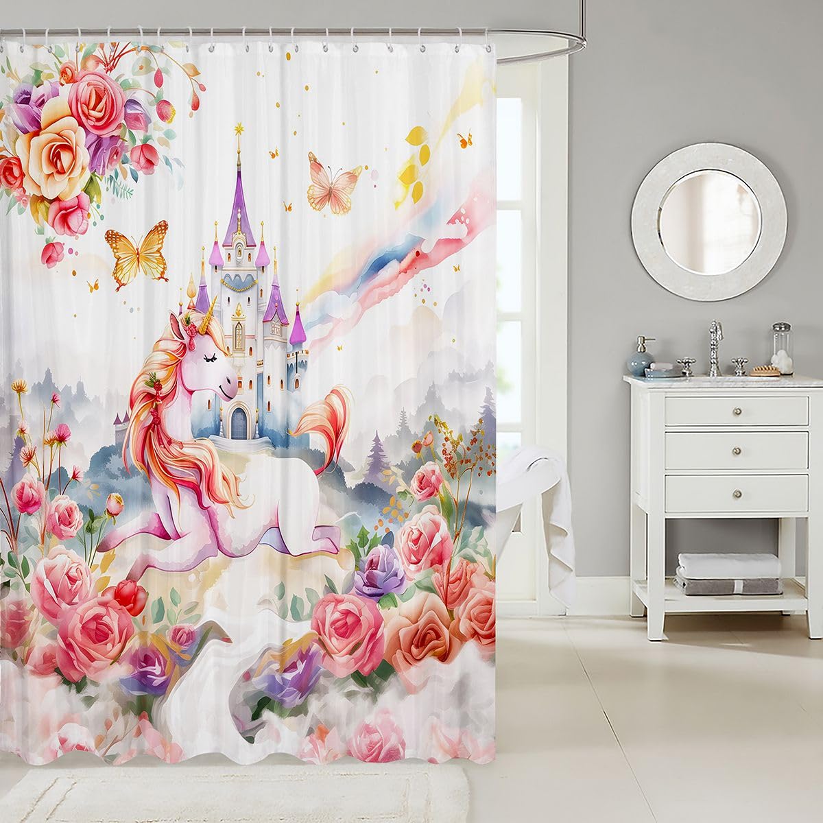 Feelyou Pink Castle Shower Curtain for Bathroom Decor Princess Bath Curtain Dreamy House Bathroom Accessories Fairy Tales Waterproof Polyester Fabric Rainbow for Stalls Bathtubs 72"x84"