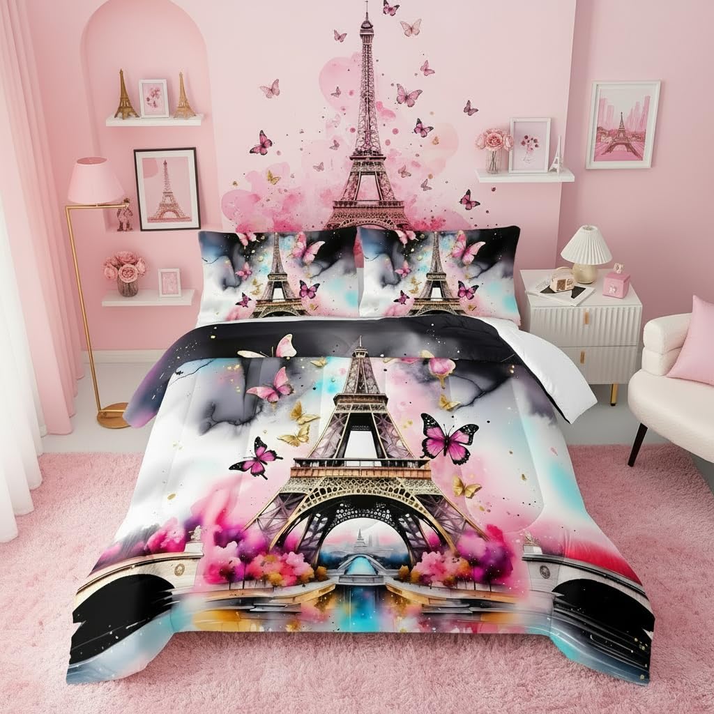 QOOMO Eiffel Tower Kids Full Comforter Set 3Pcs Pink Butterfly Bedding Set for Girls Boys Black and White Paris Printed Comforter with 2 Pillowcases Lightweight Microfiber for All Seasons