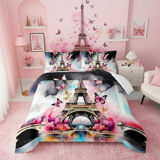 QOOMO Eiffel Tower Kids Full Comforter Set 3Pcs Pink Butterfly Bedding Set for Girls Boys Black and White Paris Printed Comforter with 2 Pillowcases Lightweight Microfiber for All Seasons