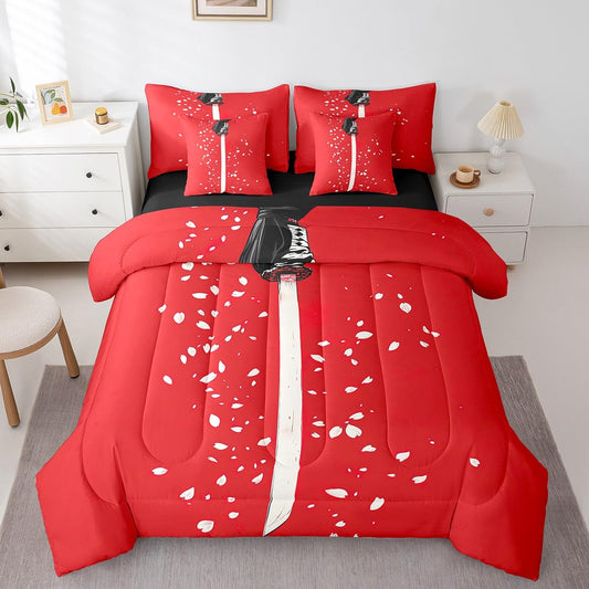 Erosebridal Cherry Blossom Petals Comforter Set Twin,Samurai Sword Bedding Set 7Pcs for Kids Boys Men,Red White Flower Floral Bed in a Bag
