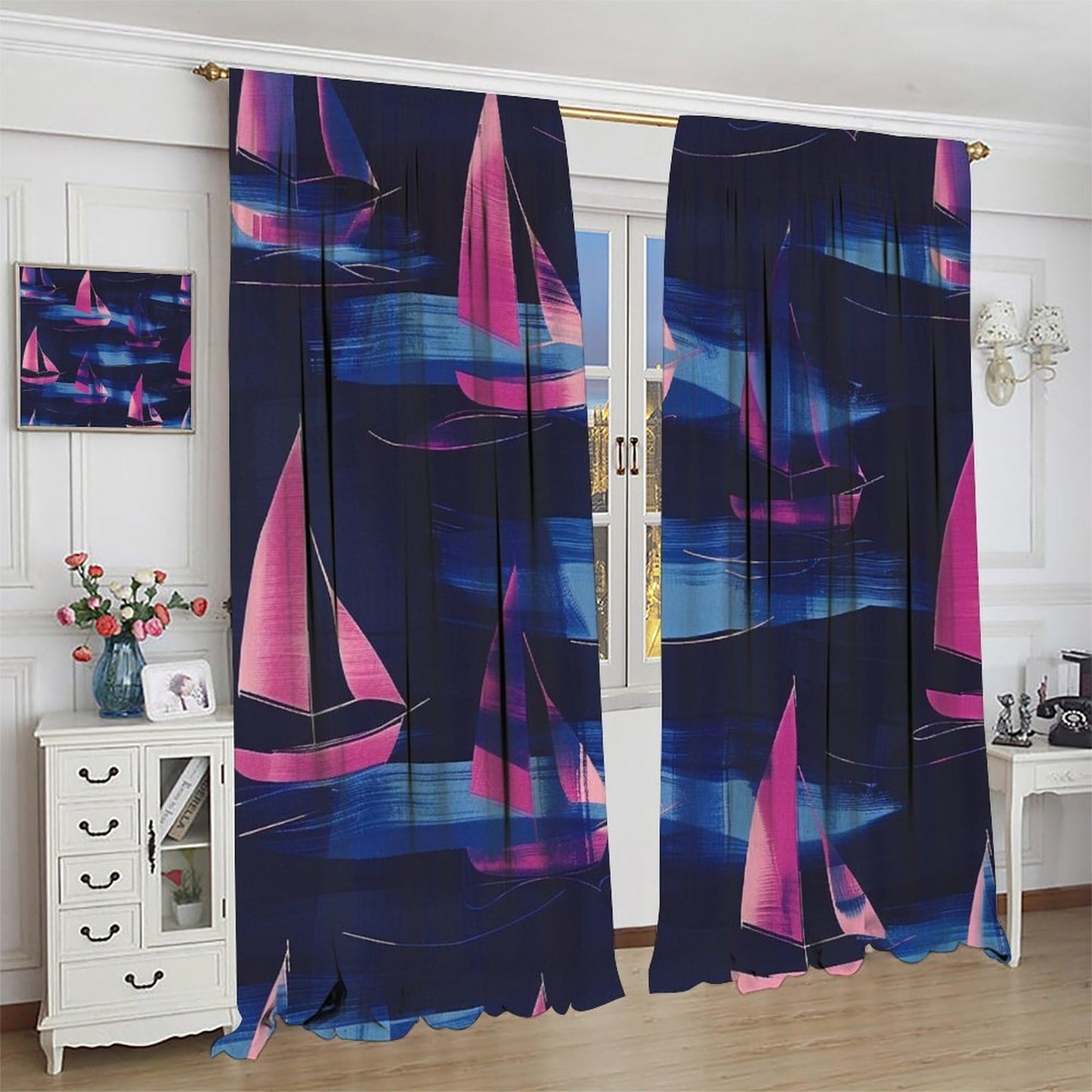 TOWINSFB Abstract Sailing Ship Blackout Curtains for Bedroom Living Room, Modern Ocean Nautical Sailboat Thermal Insulated Room Darkening Curtain - 42" W x 45" L