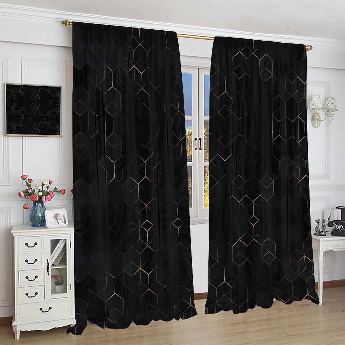 Luxury Abstract Blackout Curtains,Black Golden Light Lines Geometric Texture Illustration Blackout Window Door Curtains for Living Room Bedroom Decor W42xL45in
