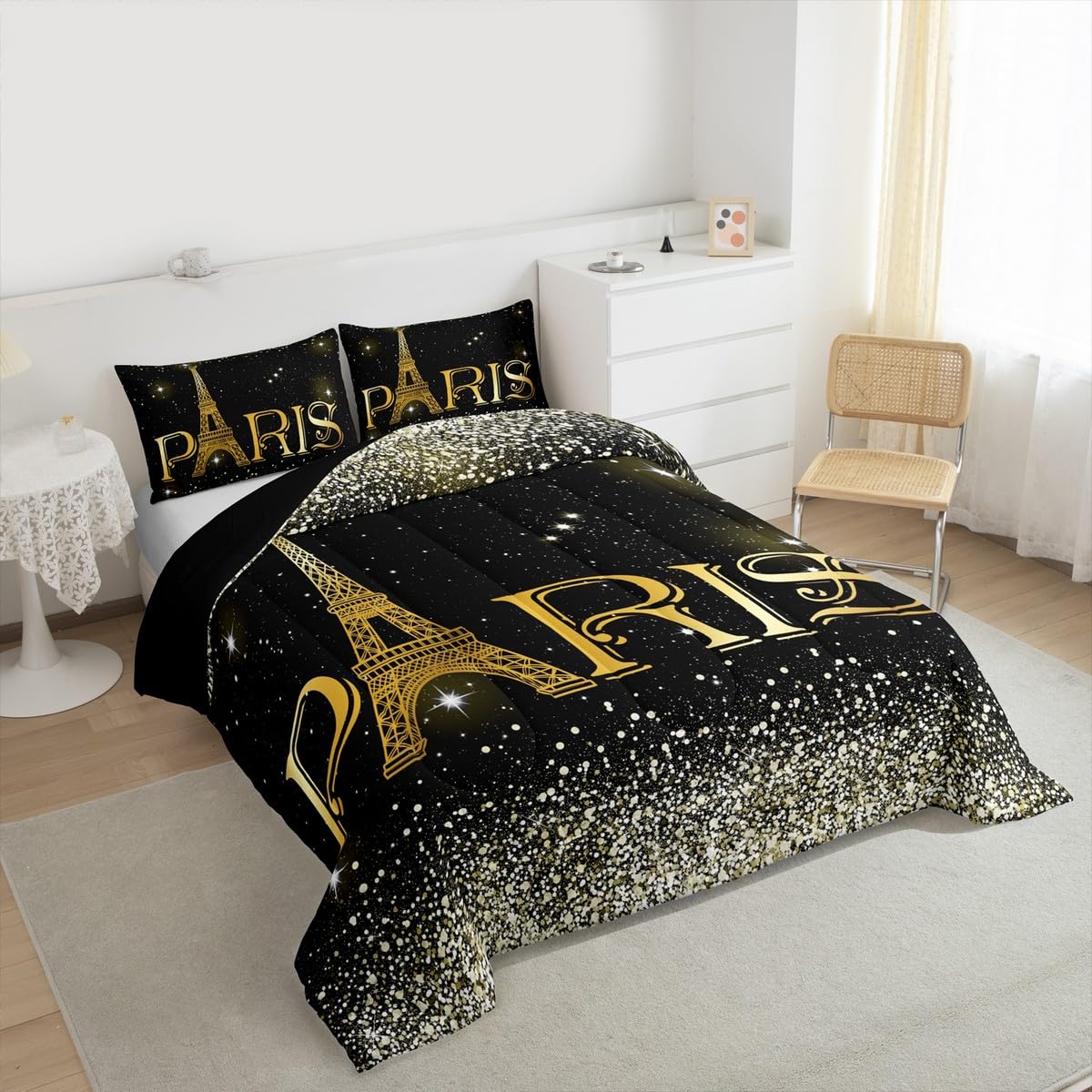 Erosebridal 2 Pcs Eiffel Tower Comforter Set,City Building of Paris Quilted Comforter Twin Size,Gold Yellow Ombre Glitter Bedding Set with 1 Pillow Case