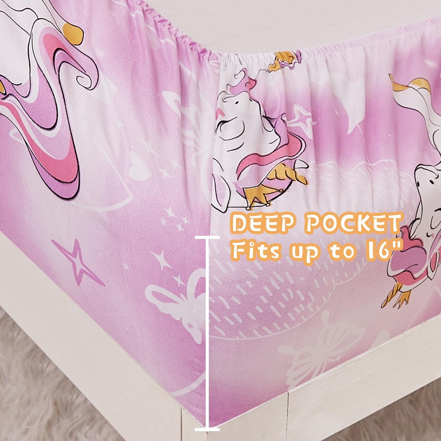 Yibeizi Unicorn Full Size Sheet Set for Girls, Kids Cute Princess Printed Bedsheet Microfiber Deep Pocket Bedding Sheets & Pillowcases 4 Pieces