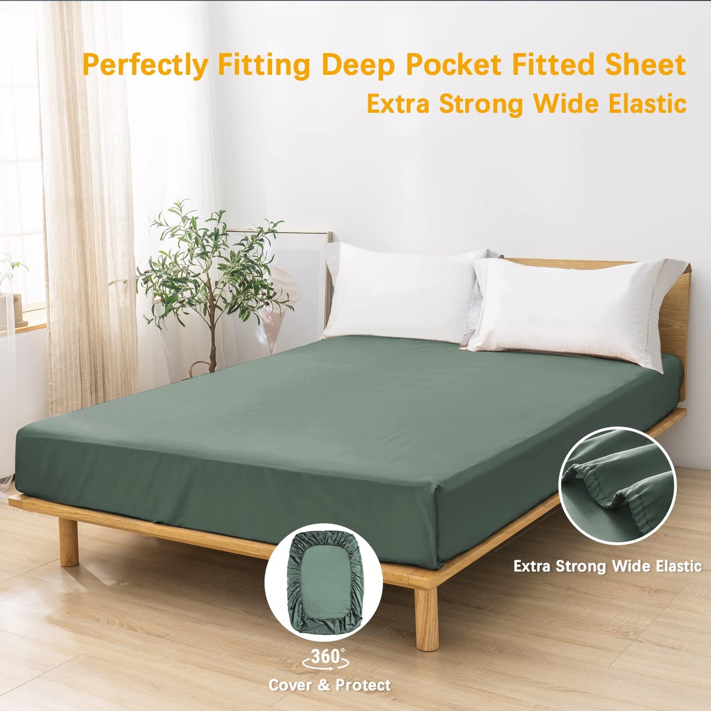 MILDLY Deep Pocket Fitted Sheet Only Queen Size 60"x80" 100% Long Staple Cotton Army Green Breathable Bottom Sheet Fits Up to 14" Deep Mattress