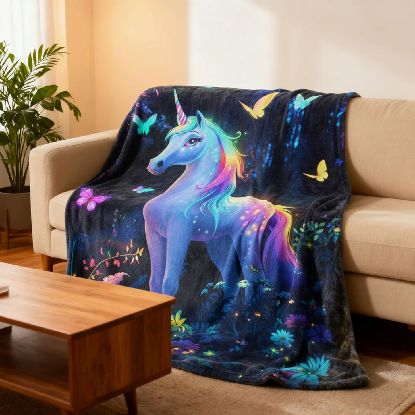kampdream Unicorn Flannel Blanket, Enchanted Forest Dream with Rainbow Mane and Tail Butterfly Surrounded Super Soft and Warm for Couch Sofa Living Room Ideal Gift for Girls Teens 50×60 inch