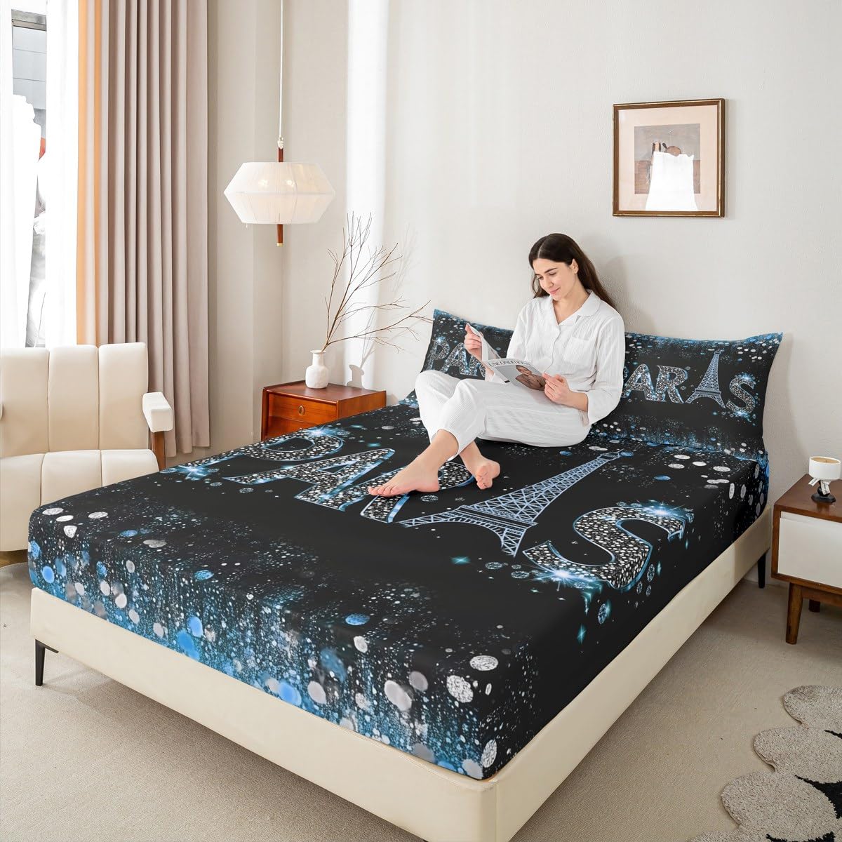 Eiffel Tower Fitted Sheet Full 3 Pcs,Romantic Paris City Sheets Sets Breathable Bedding(No Top Sheet),Blue Glitter Sequins Bed Sheet with Deep Pocket,Modern Fashion Bed Cover