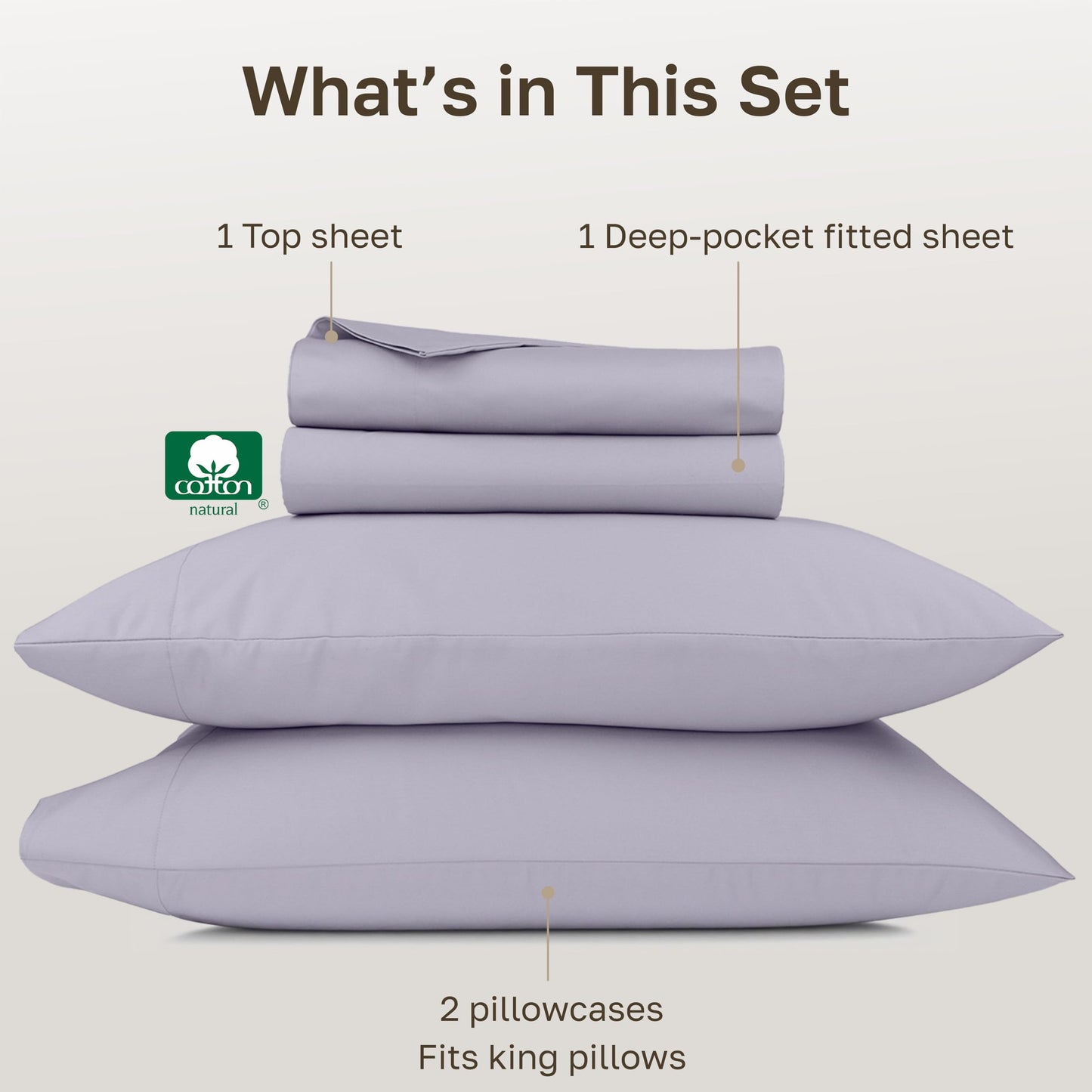 California Design Den King Size Sheets Set - 1000 Thread Count Sateen, Thick and Natural 100% Cotton Bed Sheets King Size, Deep Pockets, Durable Bedding - Lavender Grey