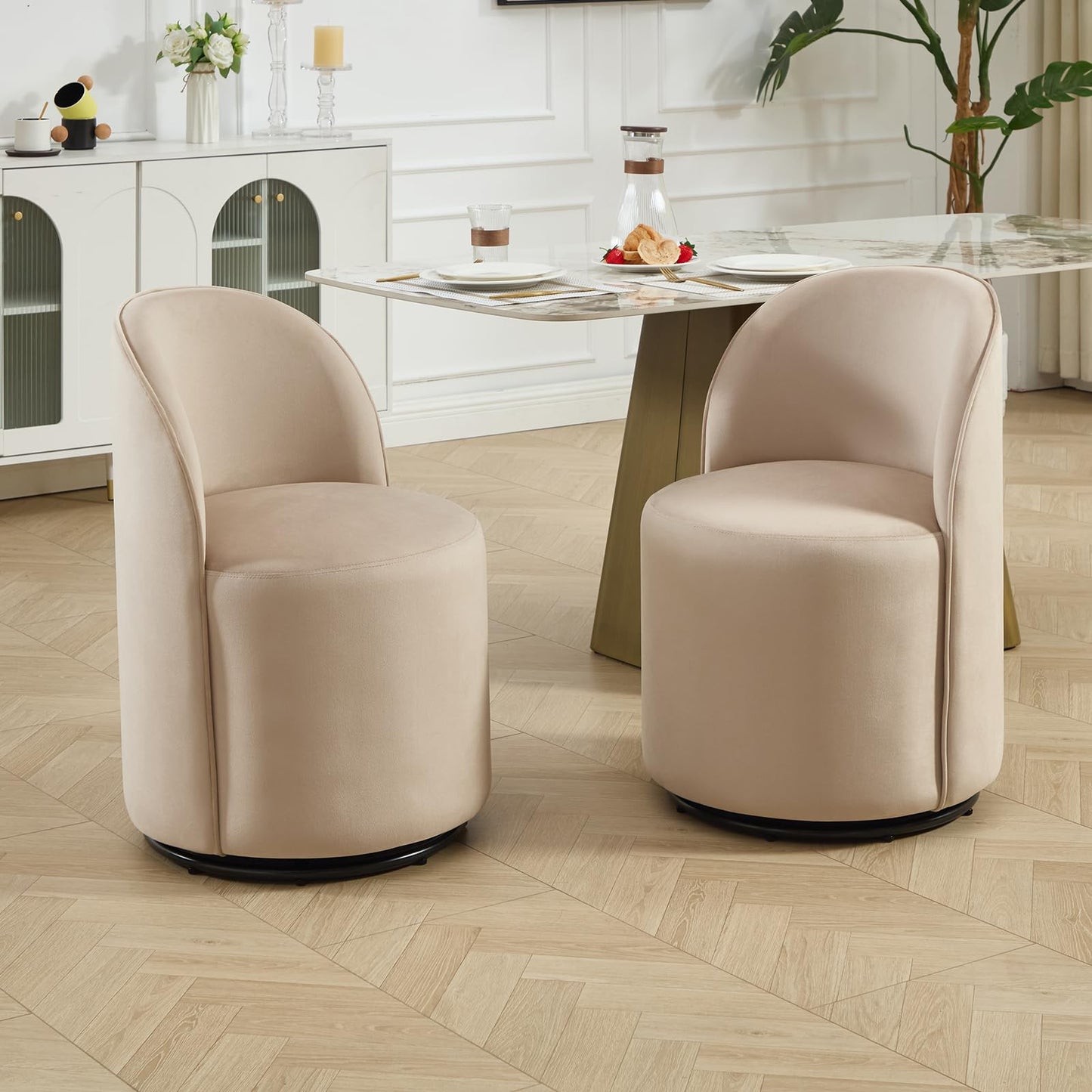 Orirsnug Modern Swivel Dining Chair Set of 1，Velvet Upholstered Swivel Barrel Chair with 360° Rotation, Comfy Round Armless Accent Vanity Side Chair for Kitchen/Dining Living Room/Bedroom, Khaki