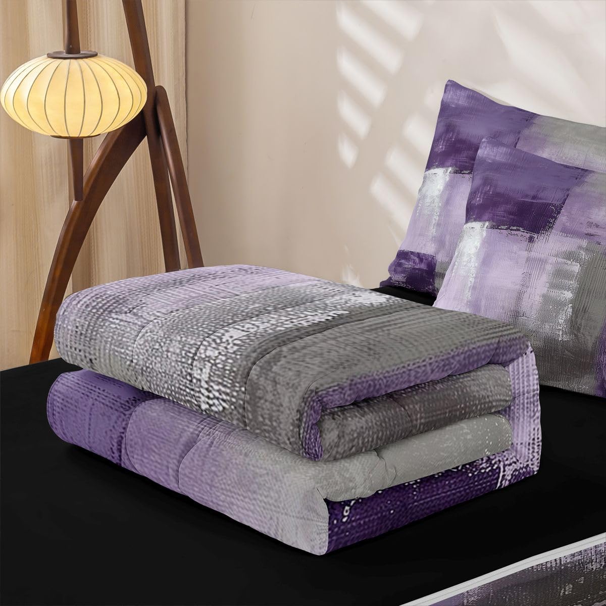 jejeloiu Abstract Zipper Bedding Twin Purple Gray Bedding Sets for Kids Boys Girls Modern Art Comforter Set with Fitted Sheet 2 Pillowcases One Zipper Bed Set for All Seasons