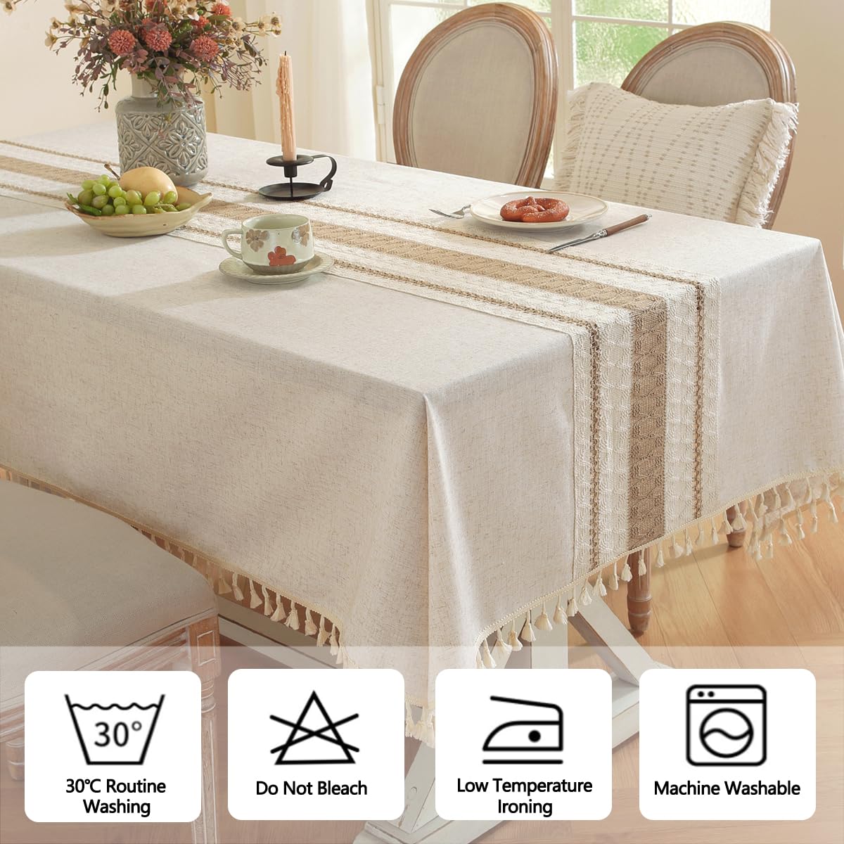 Colorigan Table Cloth, Cotton Linen Tablecloths Heavy Duty Wrinkle Free Table Cover with Tassels for Farmhouse Kitchen Dining Tables, Brown Lines,6-8 Seats