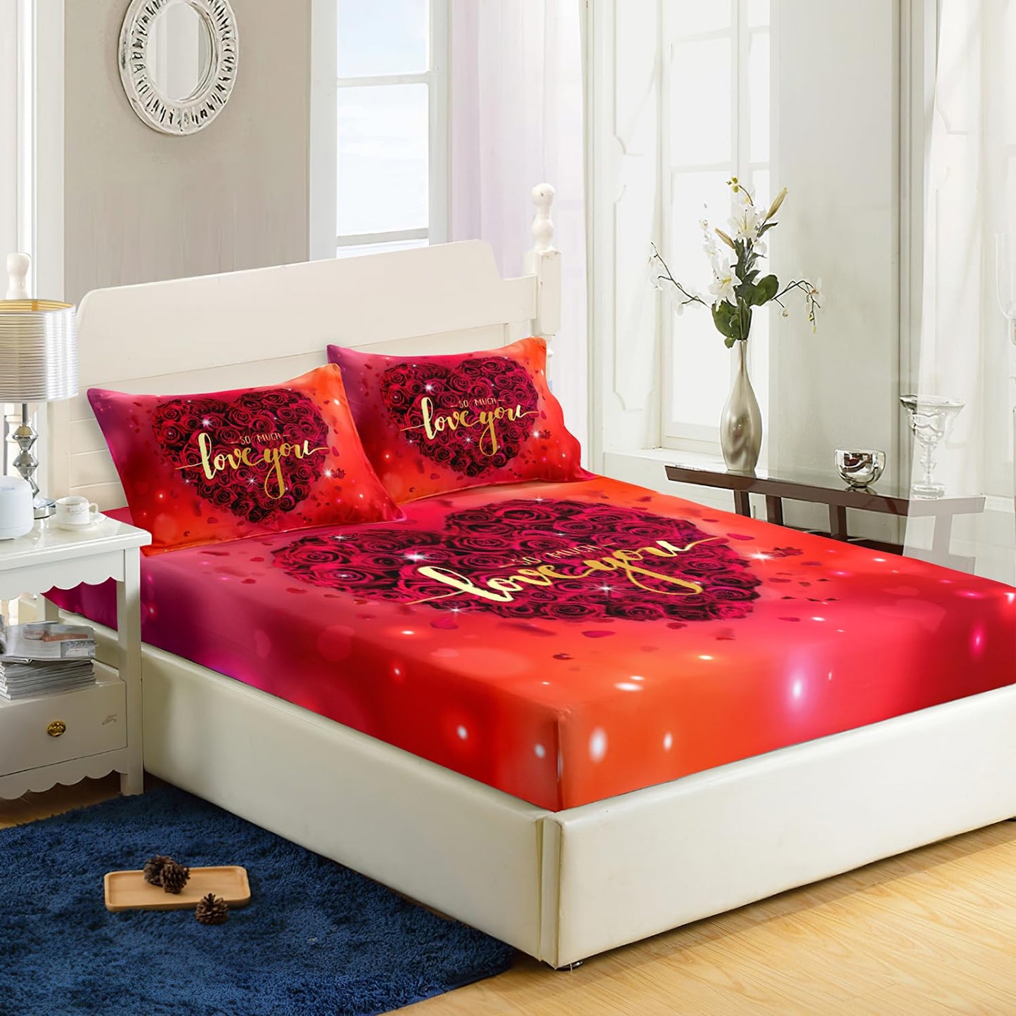 AILONEN Red Rose Fitted Sheet Set Queen Size, 3D Red Flowers Bed Sheet Set,Rose Hearts Sheet Sets,Valentine Glitter Fantasy Hearts Sheet 3 Pieces, 1 Fitted Sheet and 2 Pillowcases