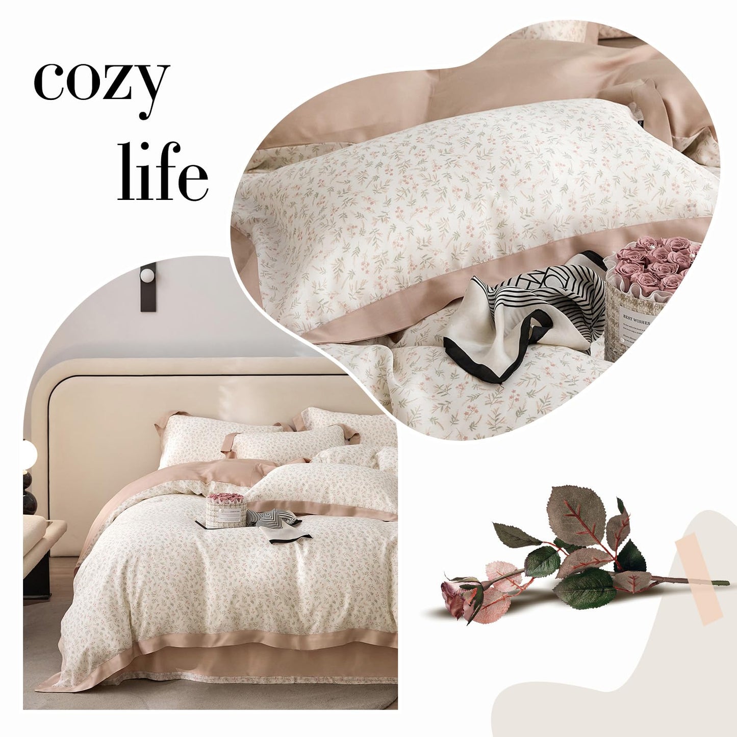 VM VOUGEMARKET Girls Pink Flower Leaves Duvet Cover Set Queen Princess Lace Bedding Set Cooling Silky Lyocell Duvet Cover with Zipper Closure-Blush Pink,90x90 Inch