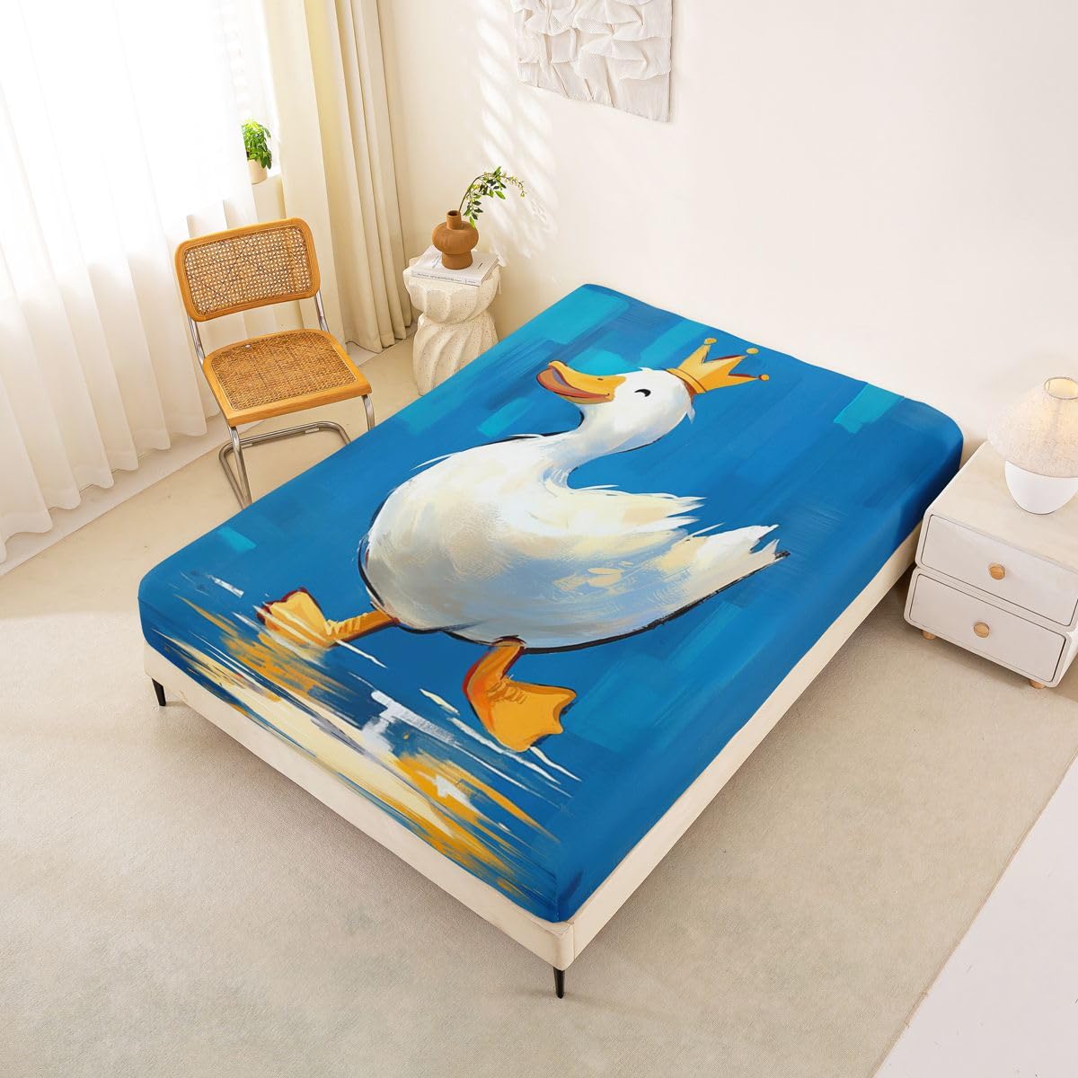 Erosebridal Cartoon Duck Bed Sheets Set Full Crown Duck Sheet Set Fun Whimsical Animal Sheets Farmhouse Pet Flat Fitted Sheet