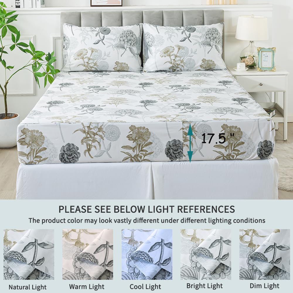 FADFAY Queen Sheets Set Percale Cotton Grey Floral Bed Sheets Deep Pocket Fitted Sheet, Luxury Ink Vintage Grey Hydrangea Printed Shabby White Bedding for All Season, Super Soft Crisp & Cool, 4 Pcs