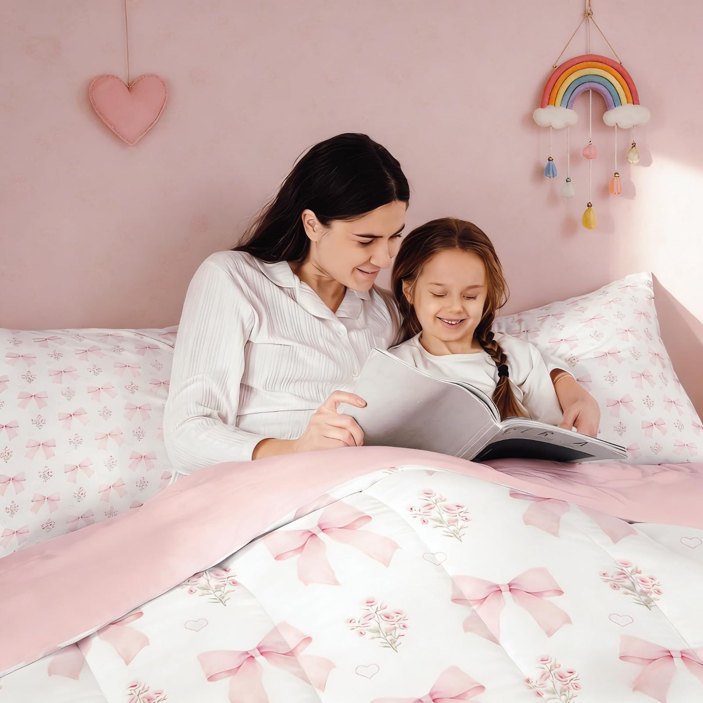 Erosebridal Bow 7 Piece Comforter Set King Bed in a Bag for Girls Kids,Girly Pink Floral Coquette Comforter,Heart Shaped Bow Ties Bedding Sets Dreamy Princess Style Bowknot Sheet Set with Comforter