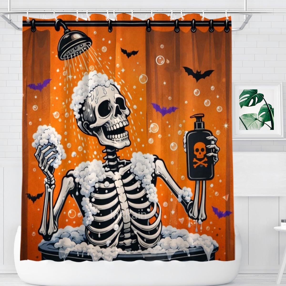 InkRain Halloween Skeleton Shower Curtain 60x72 Inch with 12 Hooks, Funny Spooky Skeleton Bathing Design, Waterproof Fabric Bathroom Curtain, Cute Goth Halloween Bathroom Decor